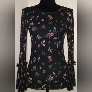Freshman 1996 Sheer Black Patterned Blouse with Flared Sleeves